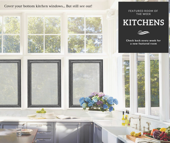 SHAADS® window covering in a dining area, providing elegant privacy and light control with stylish fabric.