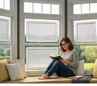 Simple White Frame with White Transparent Fabric off the Family Room a clean look and sun screening.