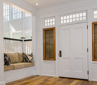 Beautiful front door with Side Glass Panels covered for privacy SHAADS® covers. Pecan Frames and a Transparent 3% mud slide color Fabric.
