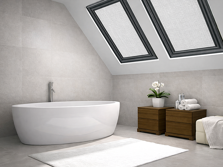Bathroom with black oak skylight frames and gray light‑filtering fabric above a freestanding tub, natural light, orchid décor, and modern wood cabinetry.