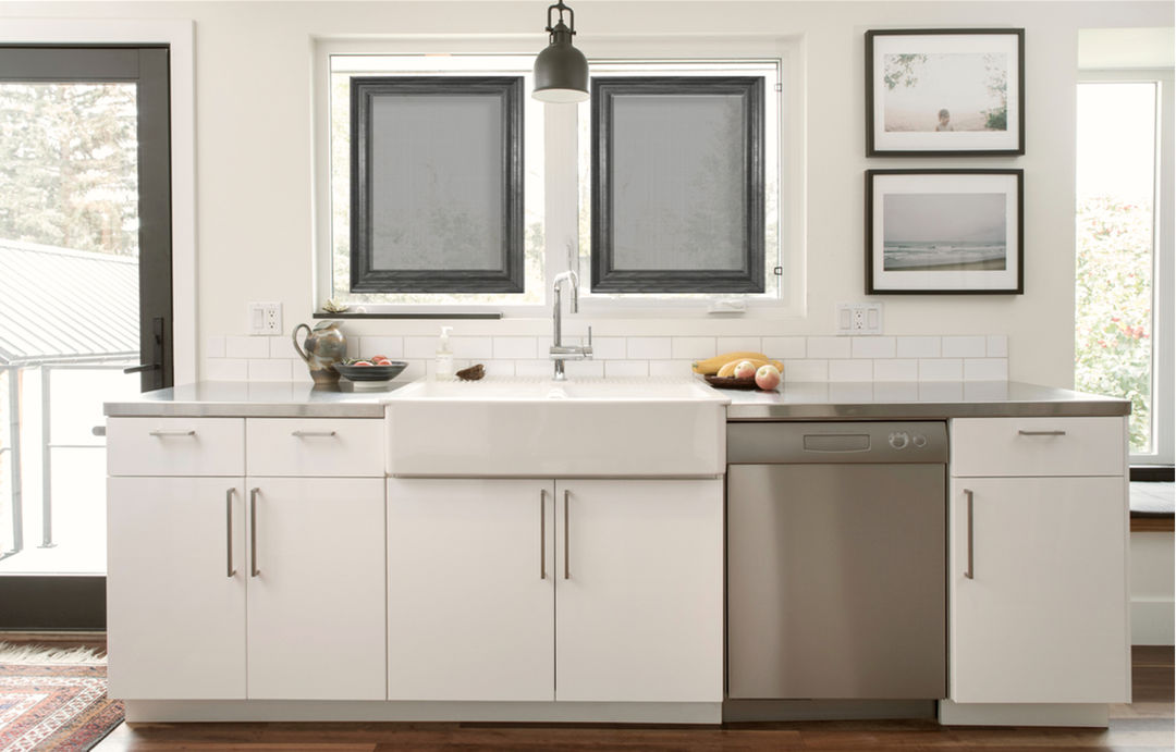 SHAADS Coffee Bean BK Oak window cover with transparent gray fabric mounted directly to kitchen window glass
