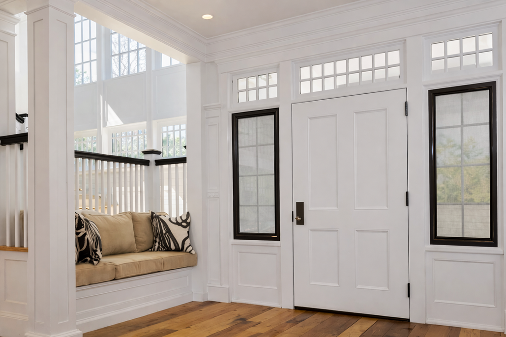 Coffee bean black oak SHAADS® interior cover frame with white 3% transparent commercial fabric installed in a bright foyer.