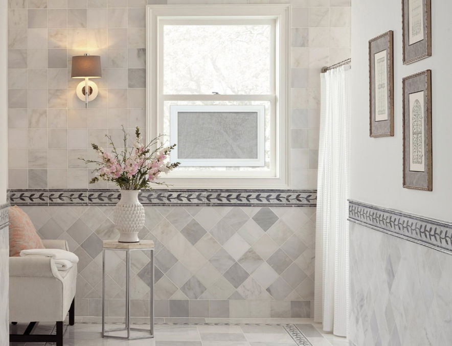 “SHAADS® custom-fit white window cover with gray transparent fabric installed in elegant marble bathroom. ”A modern, custom-fit window cover with a high‑gloss white frame and magnetic installation — privacy and style in seconds.