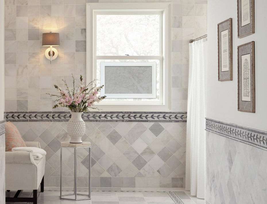 “SHAADS® custom-fit white window cover with gray transparent fabric installed in elegant marble bathroom. ”A modern, custom-fit window cover with a high‑gloss white frame and magnetic installation — privacy and style in seconds.
