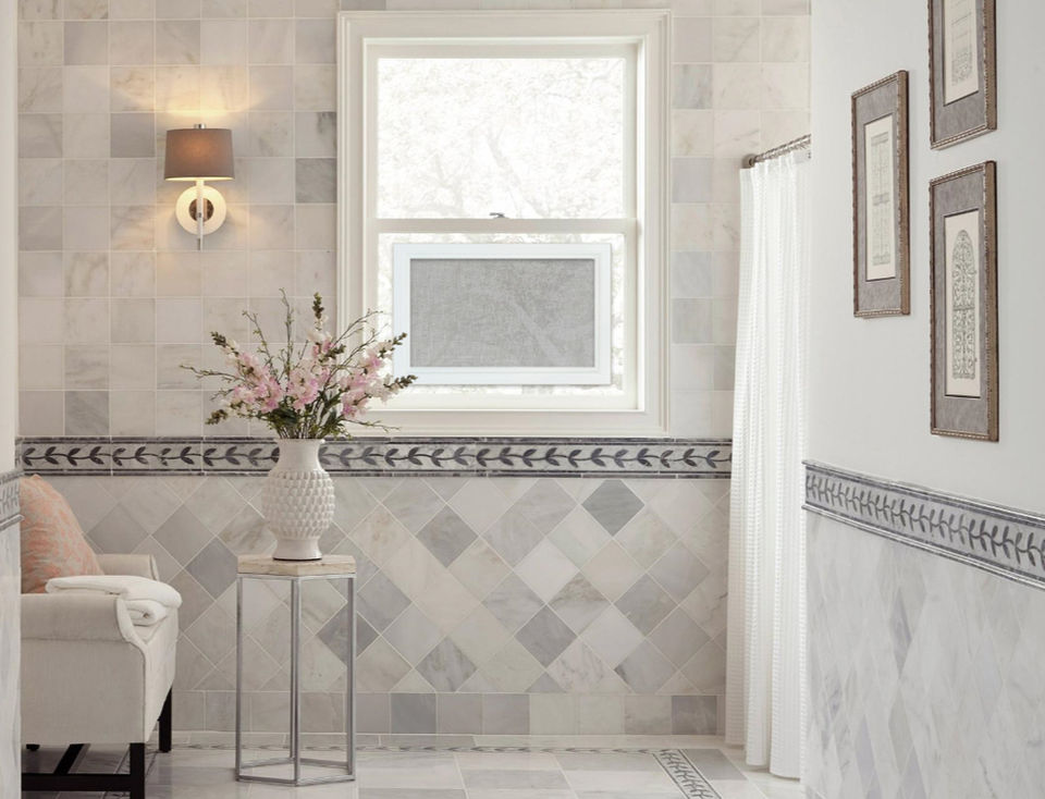 “SHAADS® custom-fit white window cover with gray transparent fabric installed in elegant marble bathroom. ”A modern, custom-fit window cover with a high‑gloss white frame and magnetic installation — privacy and style in seconds.