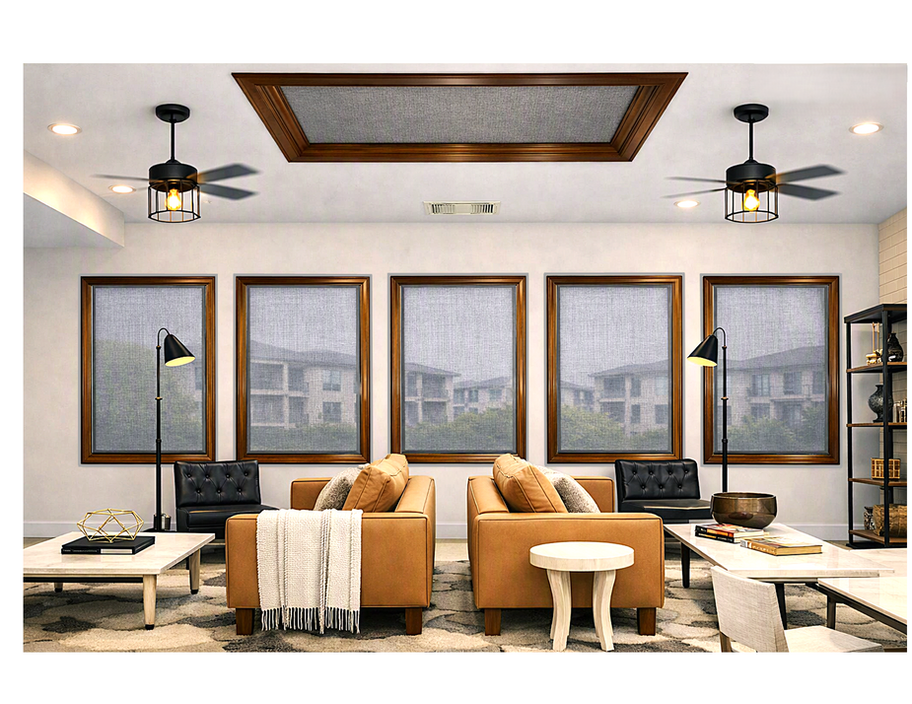 Simply Walnut frames with transparent gray fabric — custom-fit window and skylight covers that install with plates, and custom brackets, for a clean designer finish. Great for the DIYer's