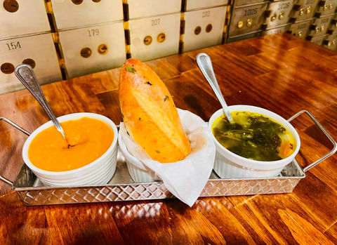Soup Flight with Bread Baguette
