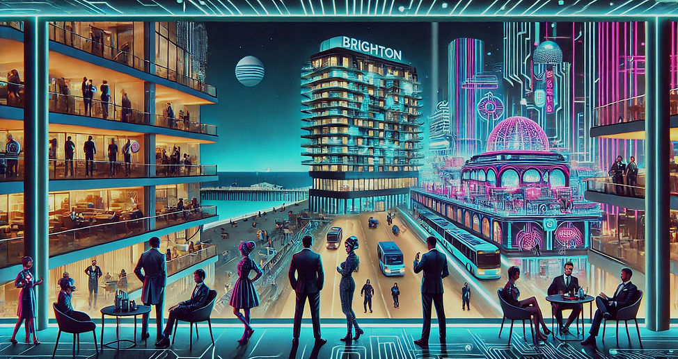 DALL·E 2025-03-06 18.57.39 - A futuristic AI-powered hotel with a front view, blending sle