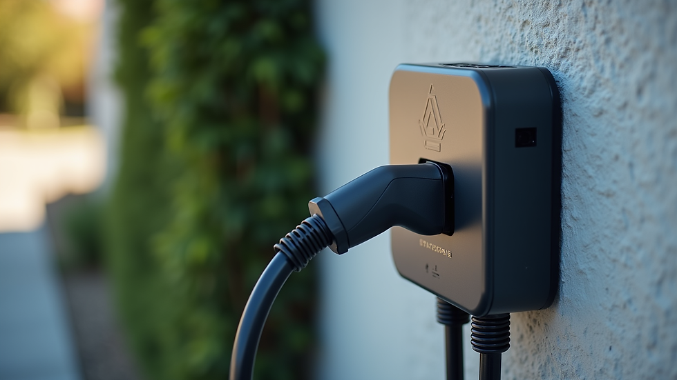 Close-up view of a modern EV charger mounted on a garage wall