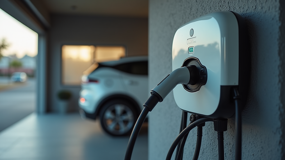 Close-up view of a Level 2 EV charger mounted on a garage wall with wiring visible