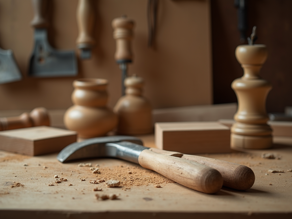 The image shows traditional woodworking tools and carpentry workshop crafts.