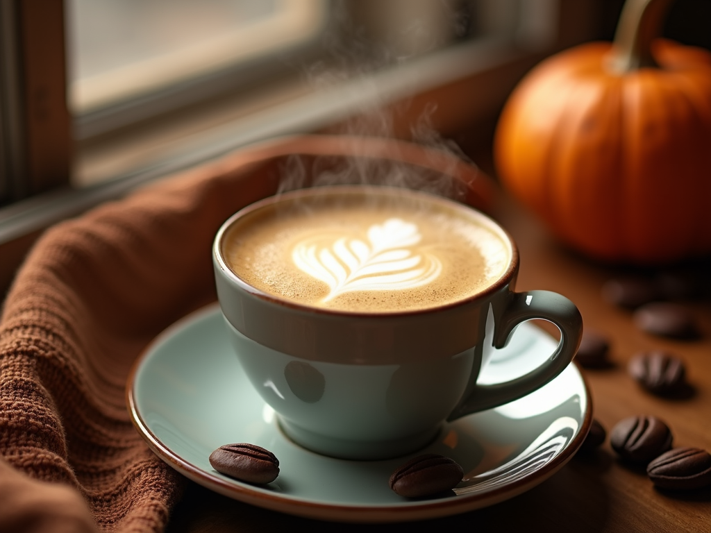 The image shows cozy steamy lattes and autumn coffee brews.