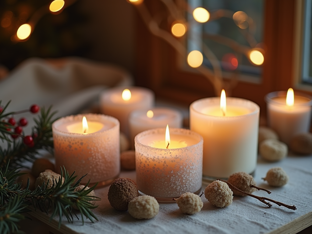 The image shows festive winter candles and aromatic sugar scrubs.