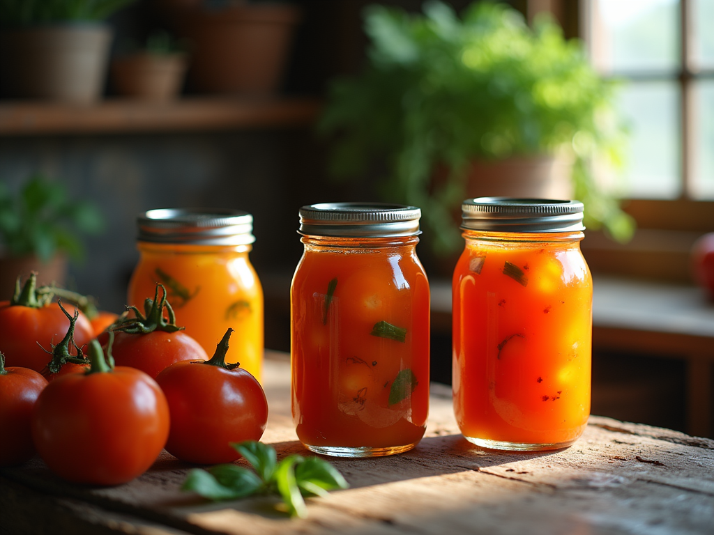 The image shows rustic canning jars with preserves and farm vegetables.