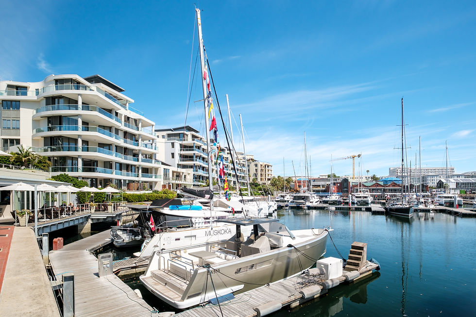 Modern buildings and yachts at a sunny marina