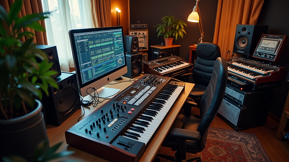 High angle view of a music studio with AI equipment and synthesizers