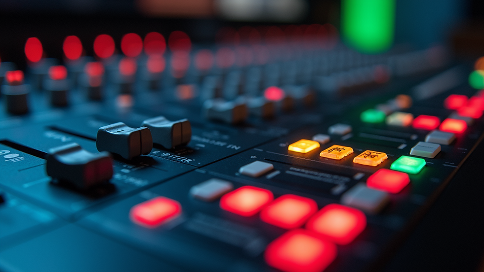 Eye-level view of a mixing console with colorful LED meters