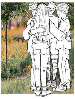 Ilustração em PB de quatro jovens (dois meninos e duas meninas). Eles estão em pé, em cÃrculo e abraçando-se com olhos nos olhos. Ao fundo, um jardim com flores amarelas.