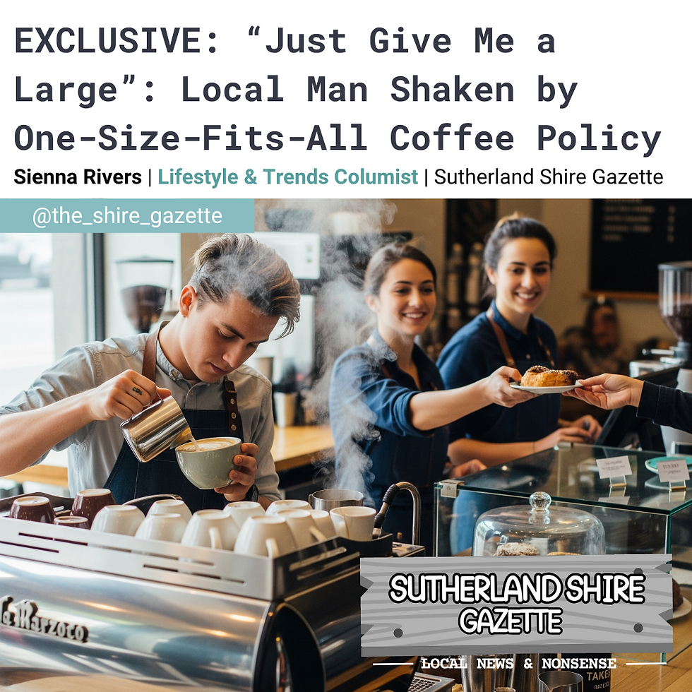 Barista pours coffee, woman hands a pastry to a customer in a busy cafe. Headline text reads: Just give me a large - Local Man shaken by one size fits alll coffee policy