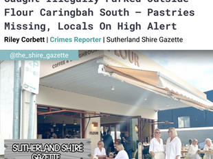White awning cafe, people dining outside. Text: EXCLUSIVE report on SUVs parked, pastries missing, locals alert. Sutherland Shire Gazette.