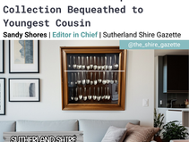 Framed souvenir teaspoons on wall; Living room with gray couch, framed art, plant. Hradline reads: Family fractures after souvenir teaspoon collection bequeathed to youngest cousin. Sutherland Shire Gazette