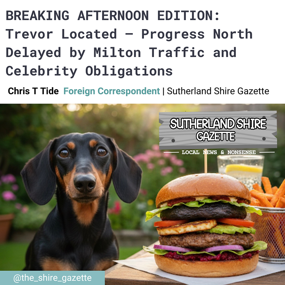 Trevor the dachshund dog beside a large veggie burger and fries on a table outdoors. Text on image: Breaking news headline: BREAKING AFTERNOON EDITION: Trevor Located - Progress North Delayed by Milton Traffic and Celebrity Obligations. and Sutherland Shire Gazette info. Mood is humorous.