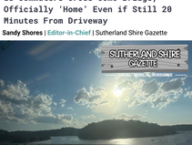 View from como rail bridge across Georges River at sunset, Sky with clouds and sun over the river. Headline Text: "Collective Exhale Detected as Commuters Cross Como Bridge, Officially 'Home'Even if Still 20 Minutes From Driveway. Sutherland Shire Gazette." 