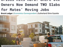People load furniture into a white pickup truck in a suburban area. Headline about cost of living crisis. Mood is busy and earnest.