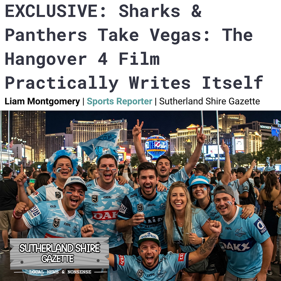 A group of happy fans in teal jerseys celebrate on a Vegas street at night. Skyscrapers in the background. Headline text above.