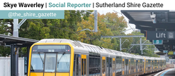 Yellow train at a station under cloudy skies. Headline above reads, "Local commuter defies train physics with death stare and tote bag decoy." Sutherland Shire Gazette
