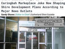 Shuttered glass entrance of "Caringbah Marketplace" Headline Text: Aldi Pulls Out, Sutherland Shire Gazette Steps In - Our Haunted Caringbah Marketplace Joke Now Shaping Shire Development Plans According to Major News Outlets. Sutherland Shire Gazette.