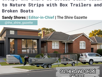 Houses with trailers and a boat on the nature strip. Text: ‘Boundary Creep’ Epidemic Sweeps the Shire as Locals Stake Claim to Nature Strips with Box Trailers and Broken Boats by Sandy Shores in The Shire Gazette. Sutherland Shire Gazette logo.