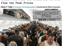 Passengers in a crowded plane cabin with overhead luggage. Headline: "Mass Shire Exodus to Bali - Child-Free Flee The Children, Parents Flee The Peak Prices". Sutherland Shire Gazette logo.