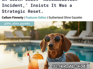 Trevor the Dachshund in sunglasses relaxes by a pool with a cocktail. Headlinetext reads: EXCLUSIVE: Trevor Breaks Silence on South Coast ‘Accommodation Incident,’ Insists It Was a Strategic Reset. Sutherland Shire Gazette. Relaxed summer vibe.