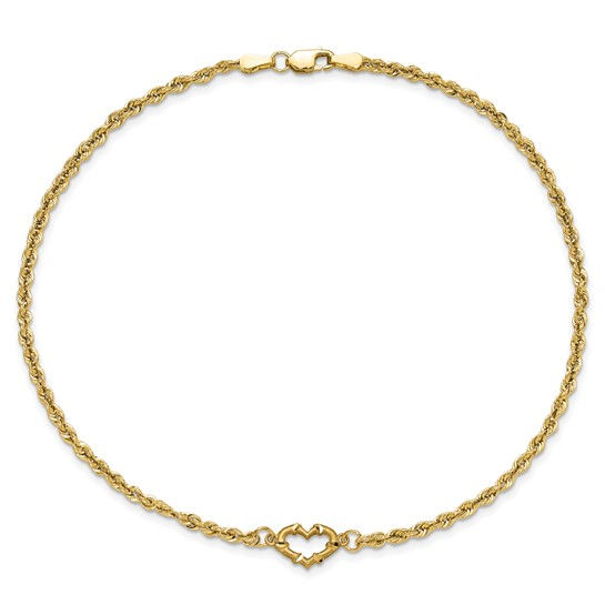 Thumbnail: 14k Diamond-cut Open Heart Rope Anklet