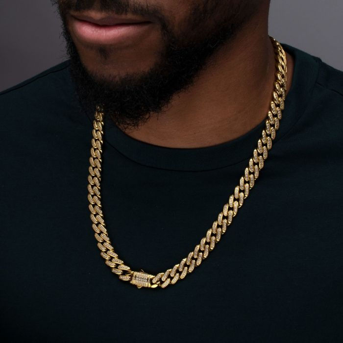 12mm 18Kt Gold IP Miami Cuban Chain Necklace with CNC Precision Set Full Clear L