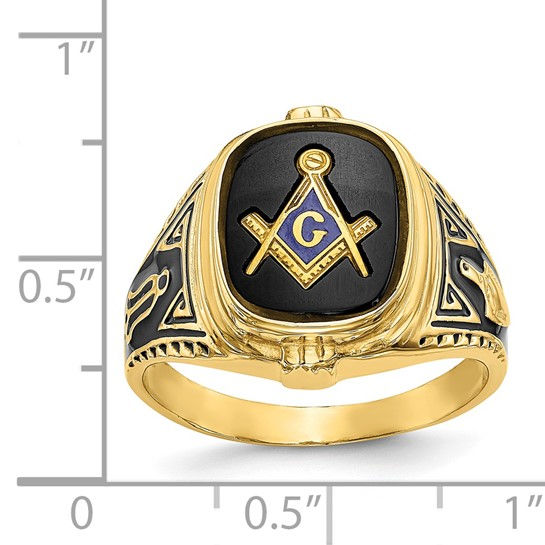 Thumbnail: 14k Men's Polished, Antiqued and Textured with Onyx Masonic Ring