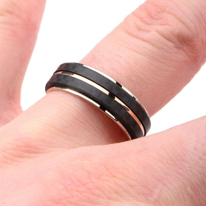 Thumbnail: Rose Gold IP with Double Line Solid Carbon Fiber Ring