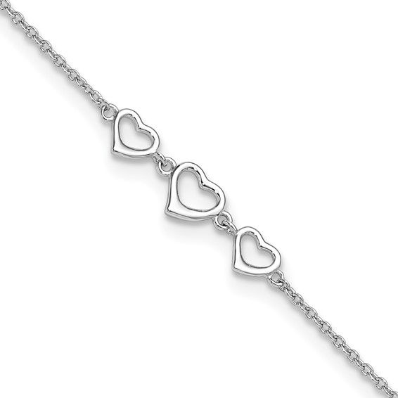Sterling Silver Rhodium-plated 10 in Plus1 in ext Three Hearts Anklet