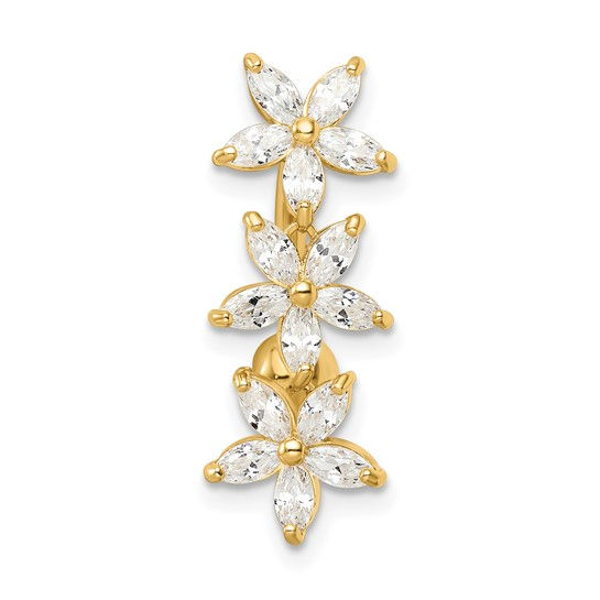 Thumbnail: 14k 14 Gauge CZ 3 Flowers Dangle Belly Ring