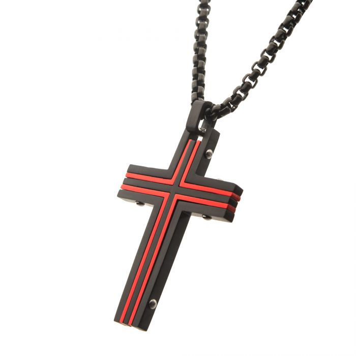 Thumbnail: Black & Red IP Dante Cross Pendant with Chain