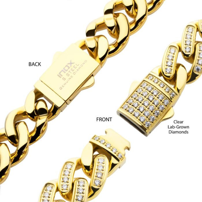 Thumbnail: 12mm 18Kt Gold IP Miami Cuban Chain Necklace with CNC Precision Set Full