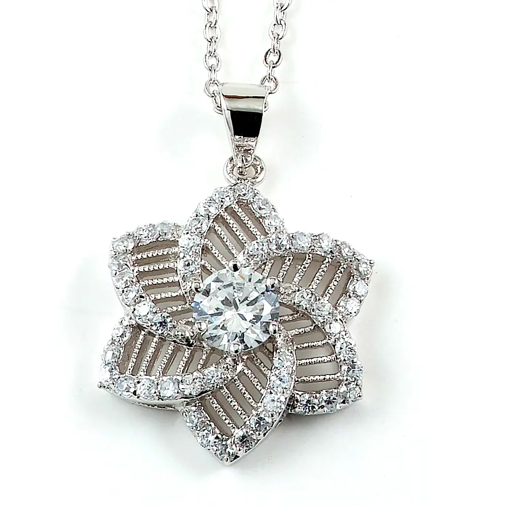 Sterling Silver Rhodium Plated and CZ Flower Necklace