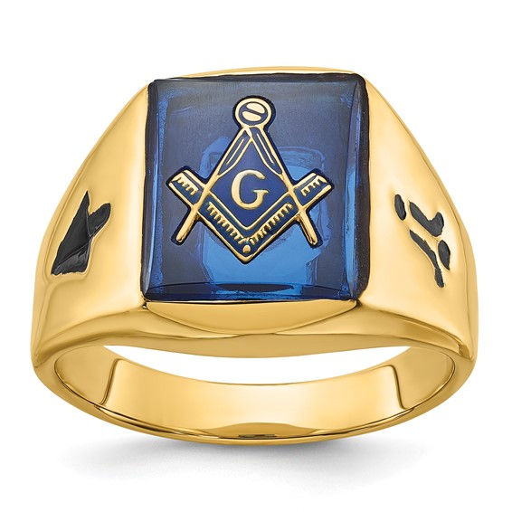 Thumbnail: 14k Men's Polished, Antiqued and Textured with Imitation Blue Spinel Masonic Rin