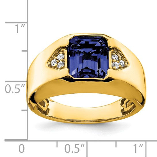 Thumbnail: 14k Emerald-cut Created Sapphire and Diamond Mens Ring