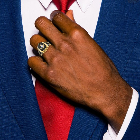 Thumbnail: 14k Men's Polished, Antiqued and Textured with Onyx Masonic Ring
