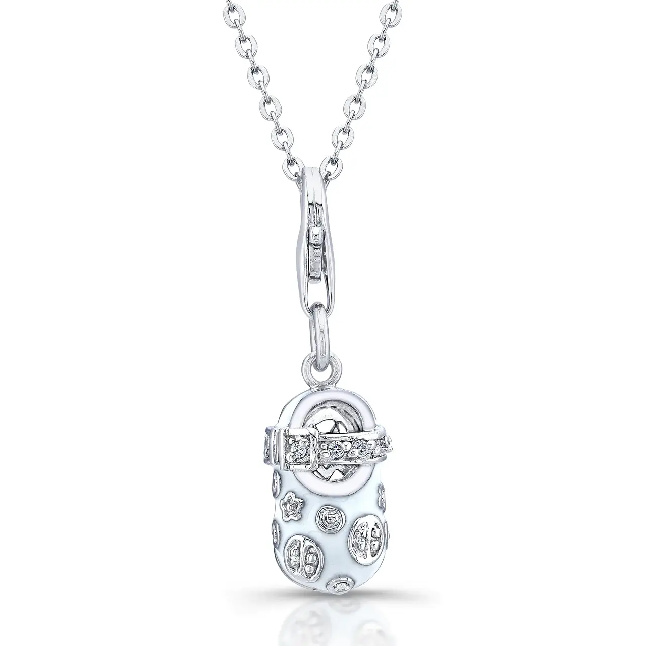 Sterling Silver Rhodium Plated with White Enameled and CZ Shoe Necklace