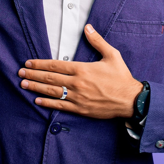 Thumbnail: 14k White Gold Created Sapphire and Diamond Mens Ring
