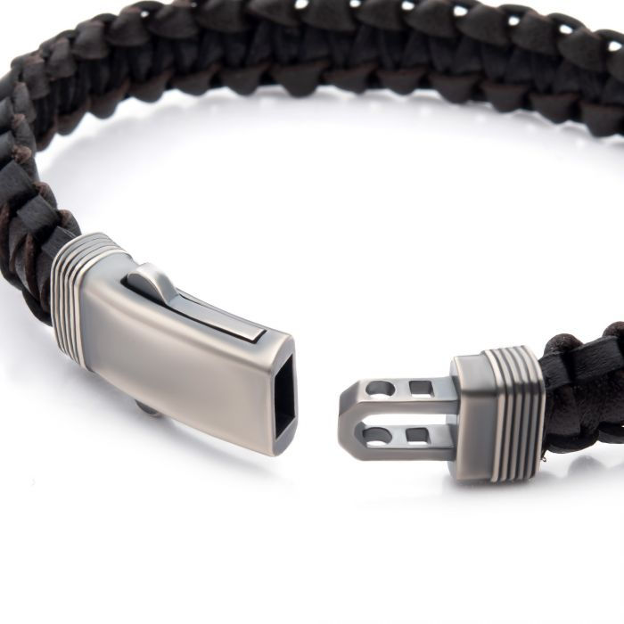 Thumbnail: Black & Brown Braided Leather Bracelet with Dual Release 925 Sterling Silver Cla