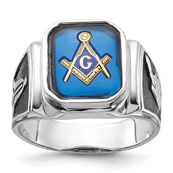 14k White Gold Polished and Textured with Black Enamel and Imitation Blue Spinel